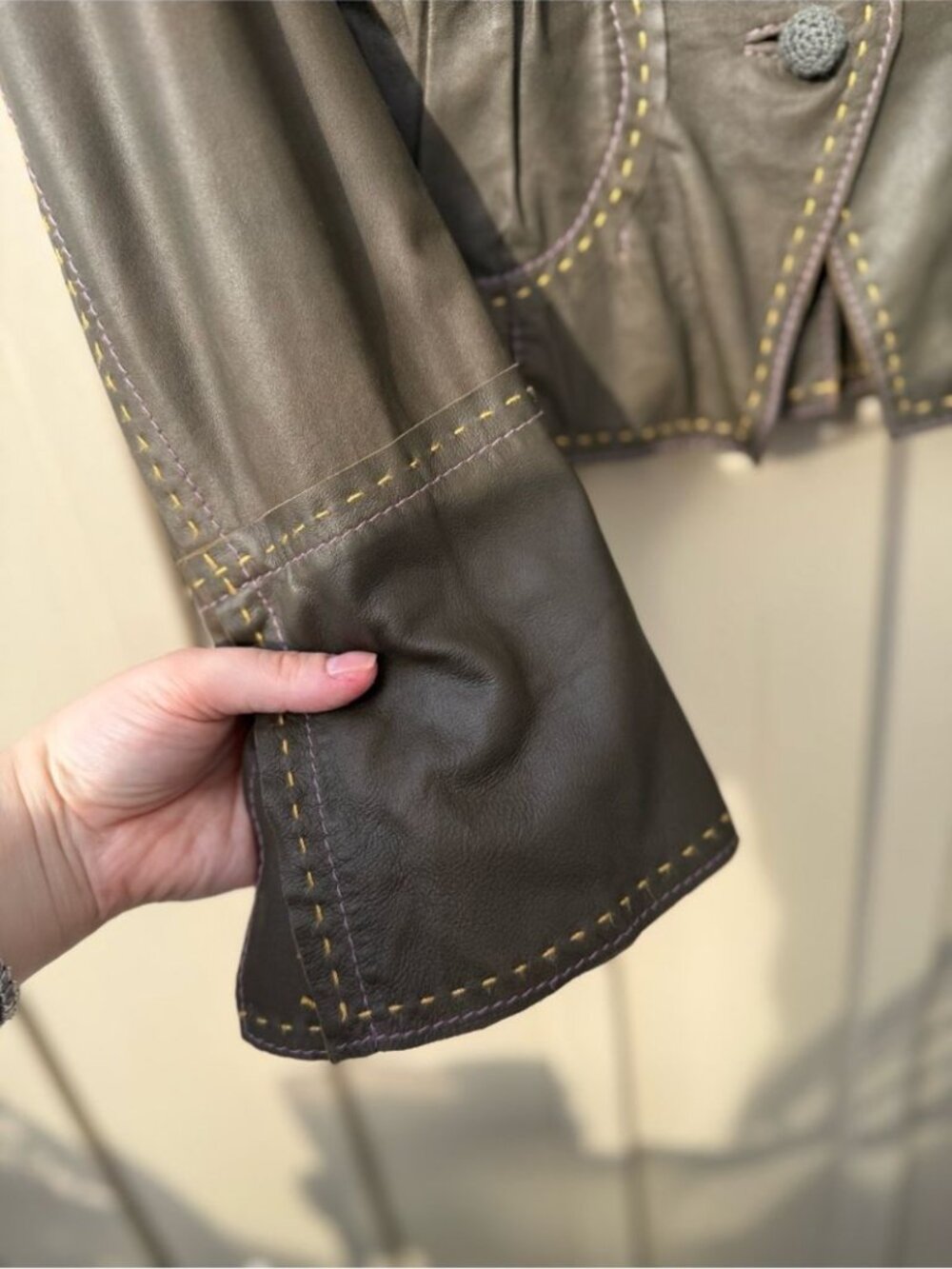 Vintage Danier Genuine Leather Olive Green Jacket with Pink & Yellow Stitching - Picture 3 of 11